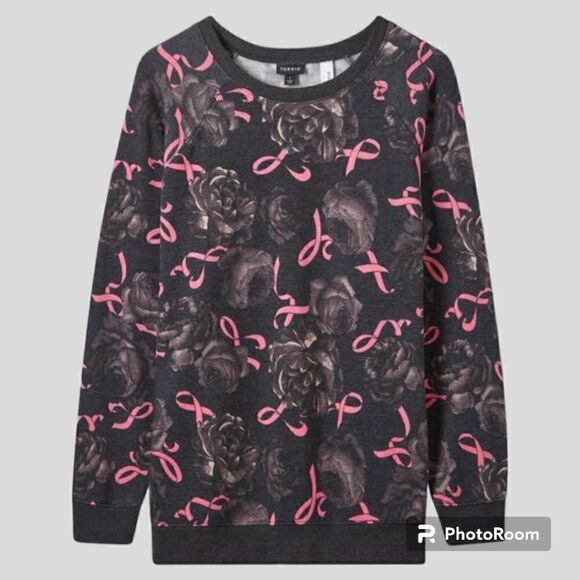 4X 26W Torrid Grey Pink Ribbon Cozy Fleece Sweatshirt Breast Cancer Awareness ri - Picture 1 of 6